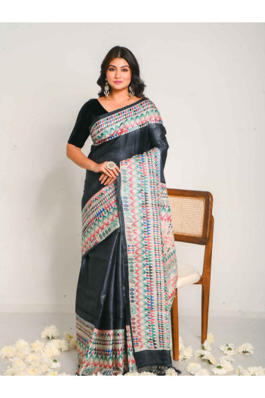 Madhubani Hand Paint Tussar Saree in Shades of Black - BSHP31